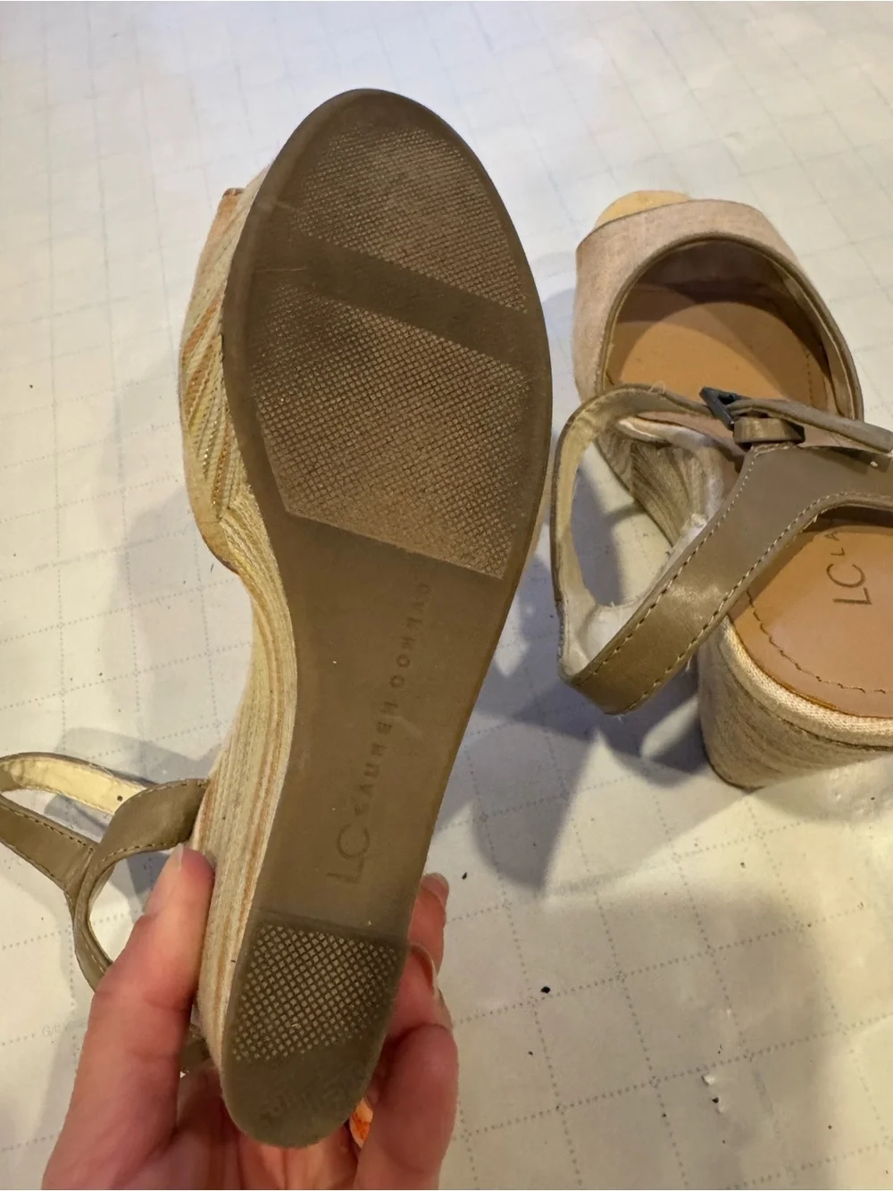 LC Lauren Conrad Beige Linen & Taupe Leather Ankle-Strap Heels